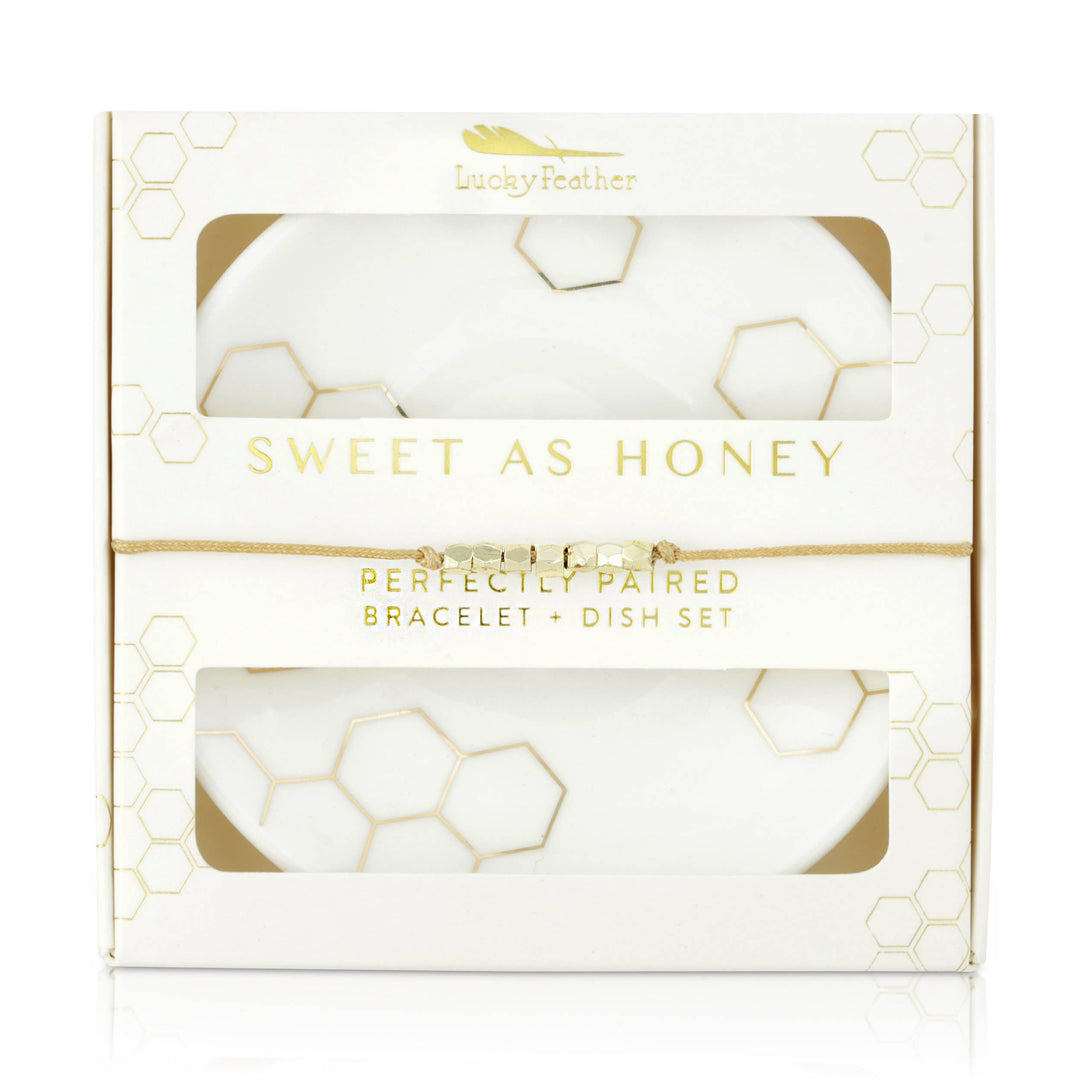 Sweet as Honey bracelet and trinket dish gift set with white and gold honeycomb design