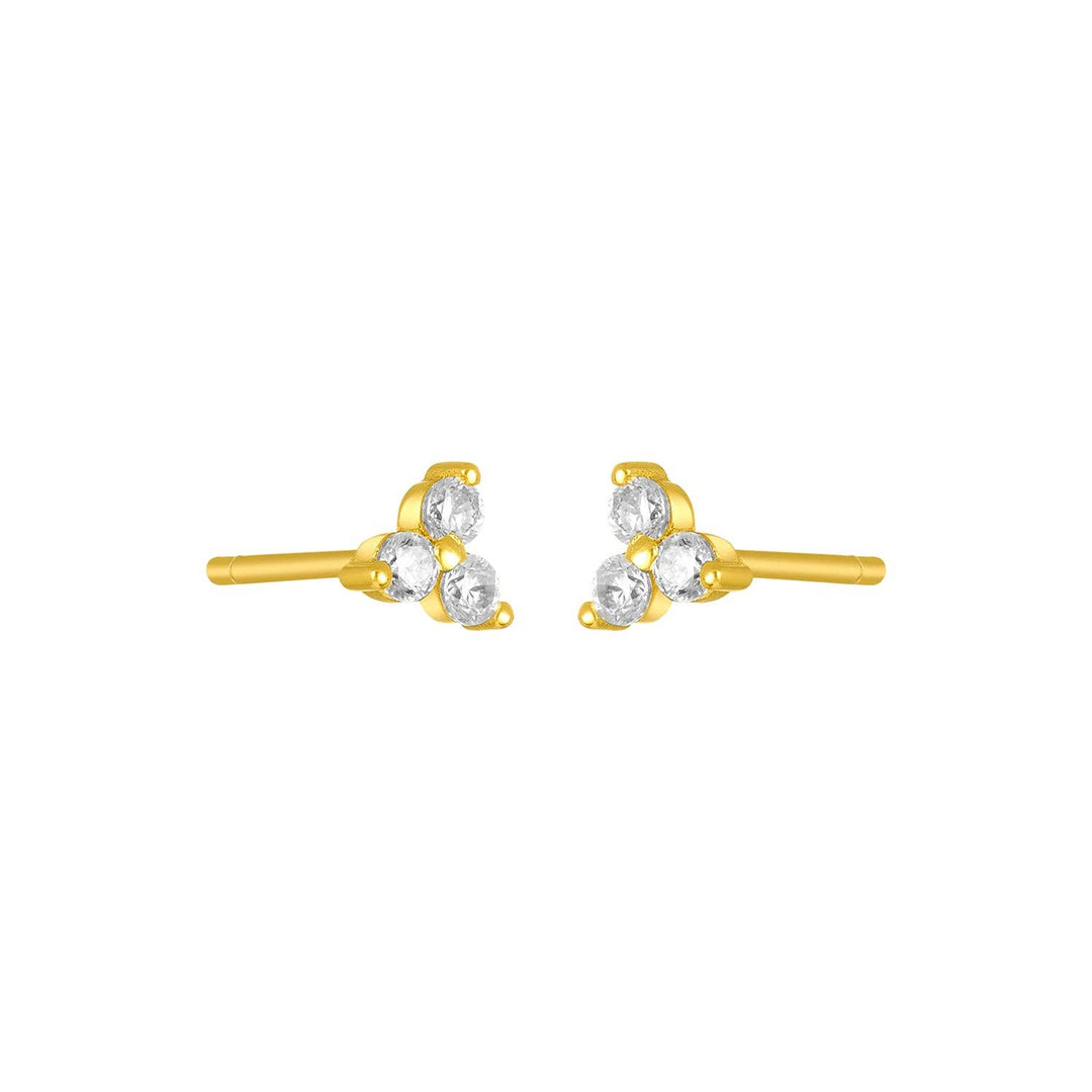 Small gold cluster stud earrings with three clear cubic zirconia stones.