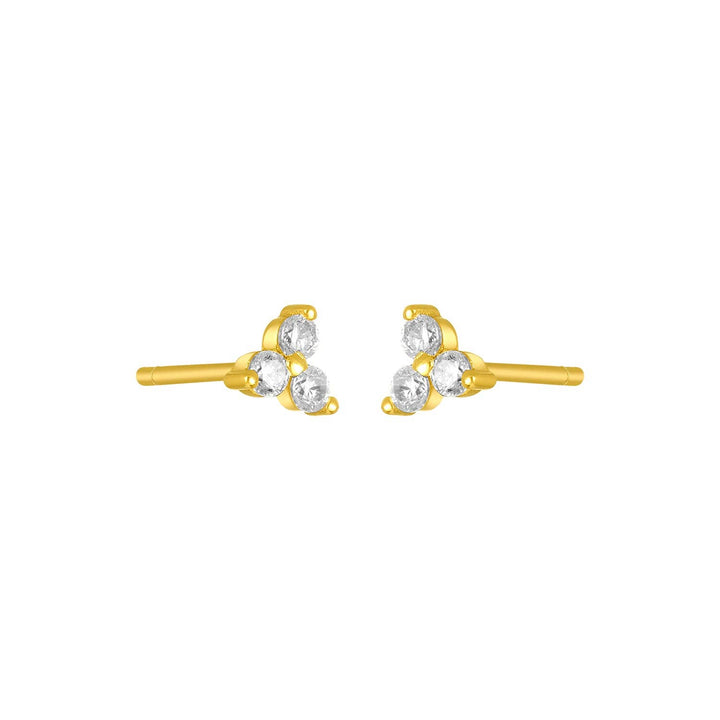 Small gold cluster stud earrings with three clear cubic zirconia stones.