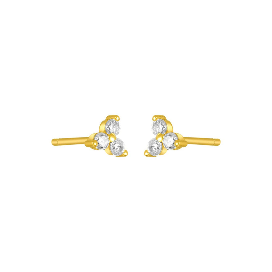 Small gold cluster stud earrings with three clear cubic zirconia stones.