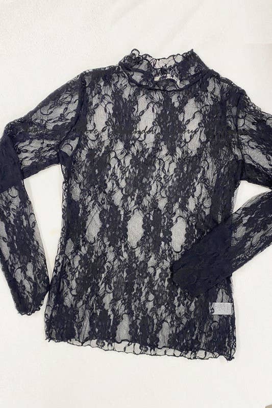 Sheer Floral Lace Top | Mock Neck Long Sleeve
