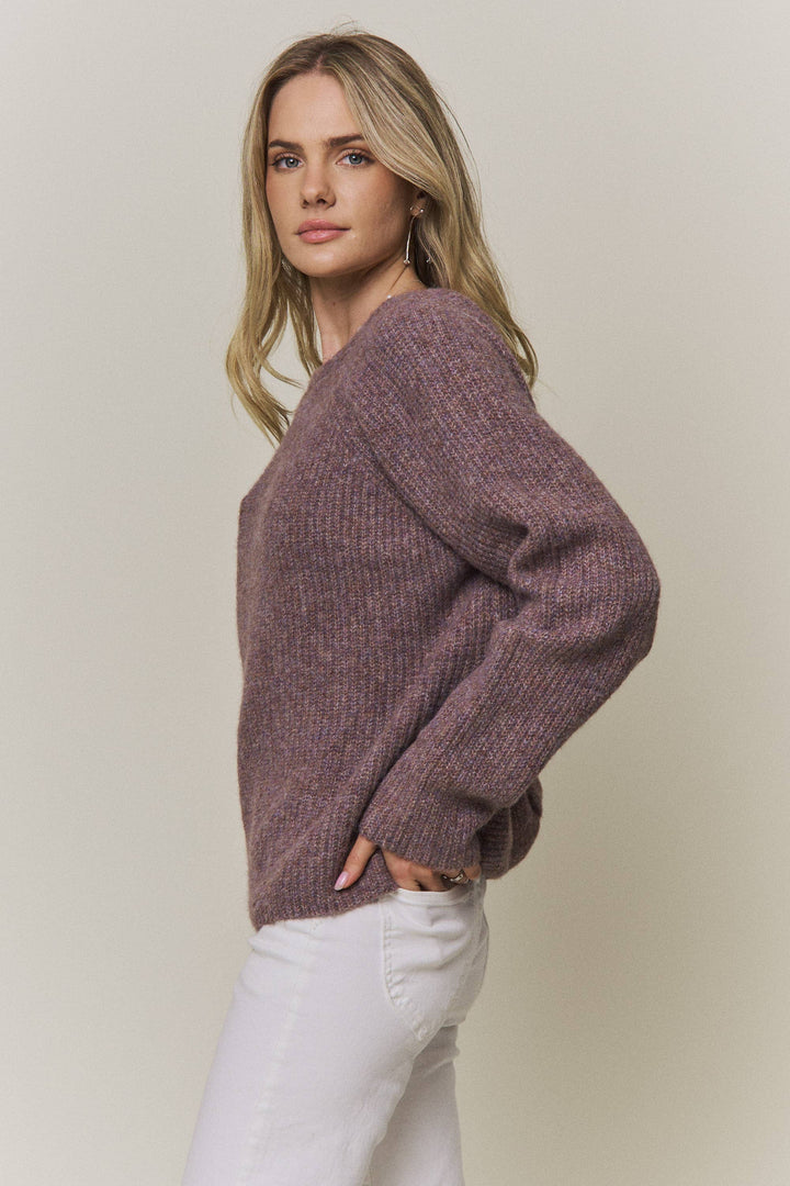 Everly reversible heathered mauve relaxed knit sweater with classic front & a twist detail in back
