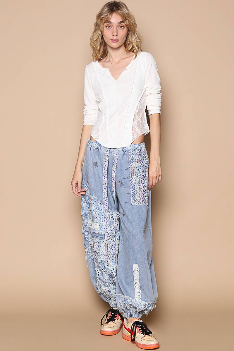 Floral print Patchwork Twill Joger Pants