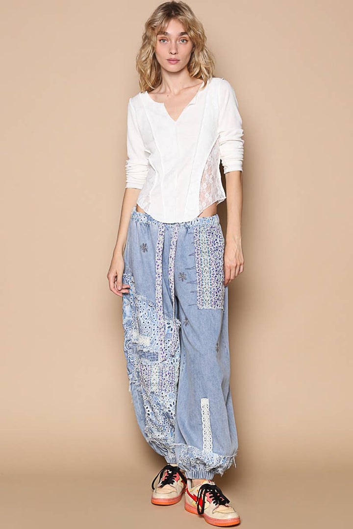 Floral print Patchwork Twill Joger Pants