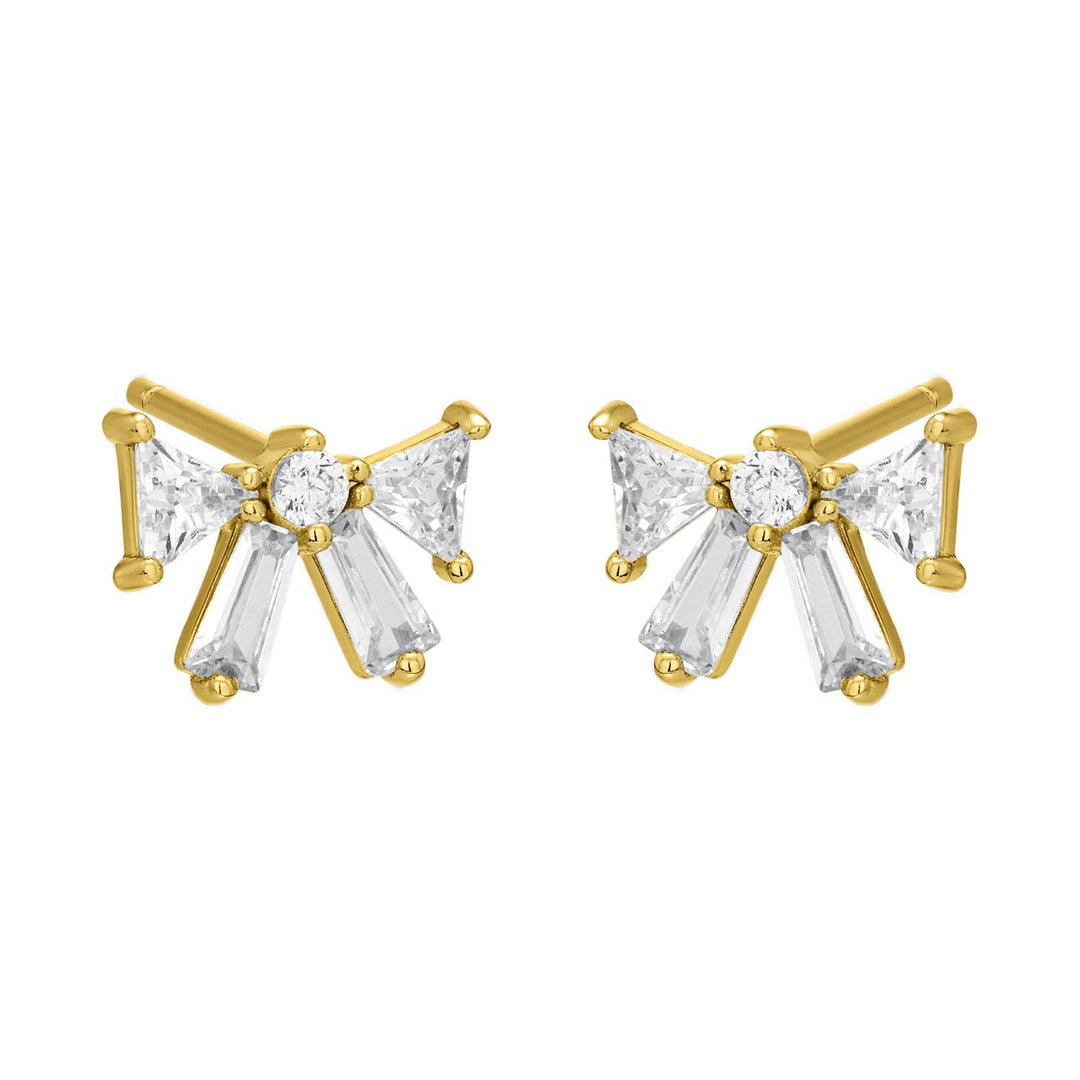 Gold bow-shaped stud earrings with baguette and triangular CZ stones.
