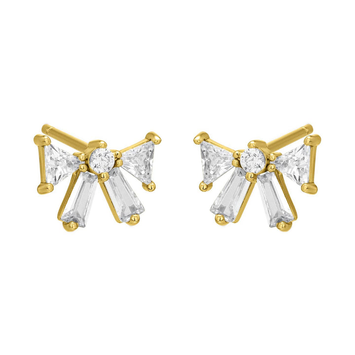 Gold bow-shaped stud earrings with baguette and triangular CZ stones.