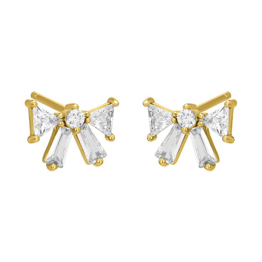 Gold bow-shaped stud earrings with baguette and triangular CZ stones.