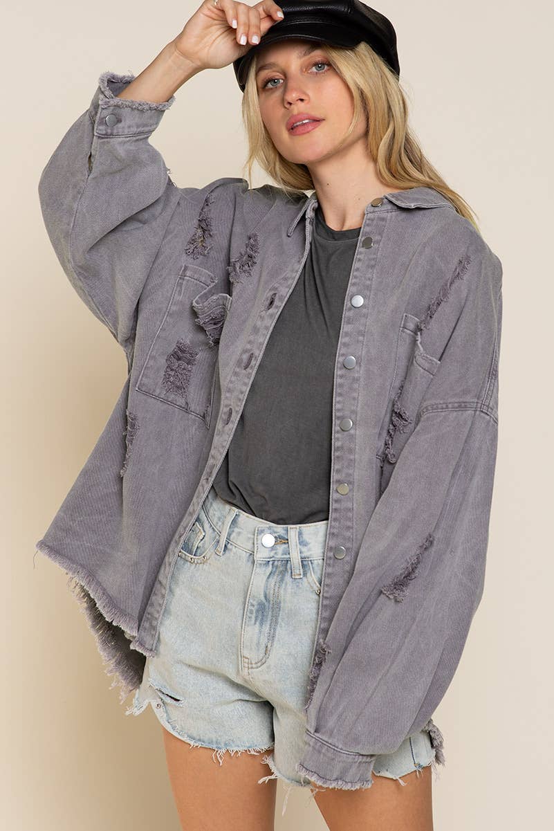 Front pocket distressed button down twill shacket shirt