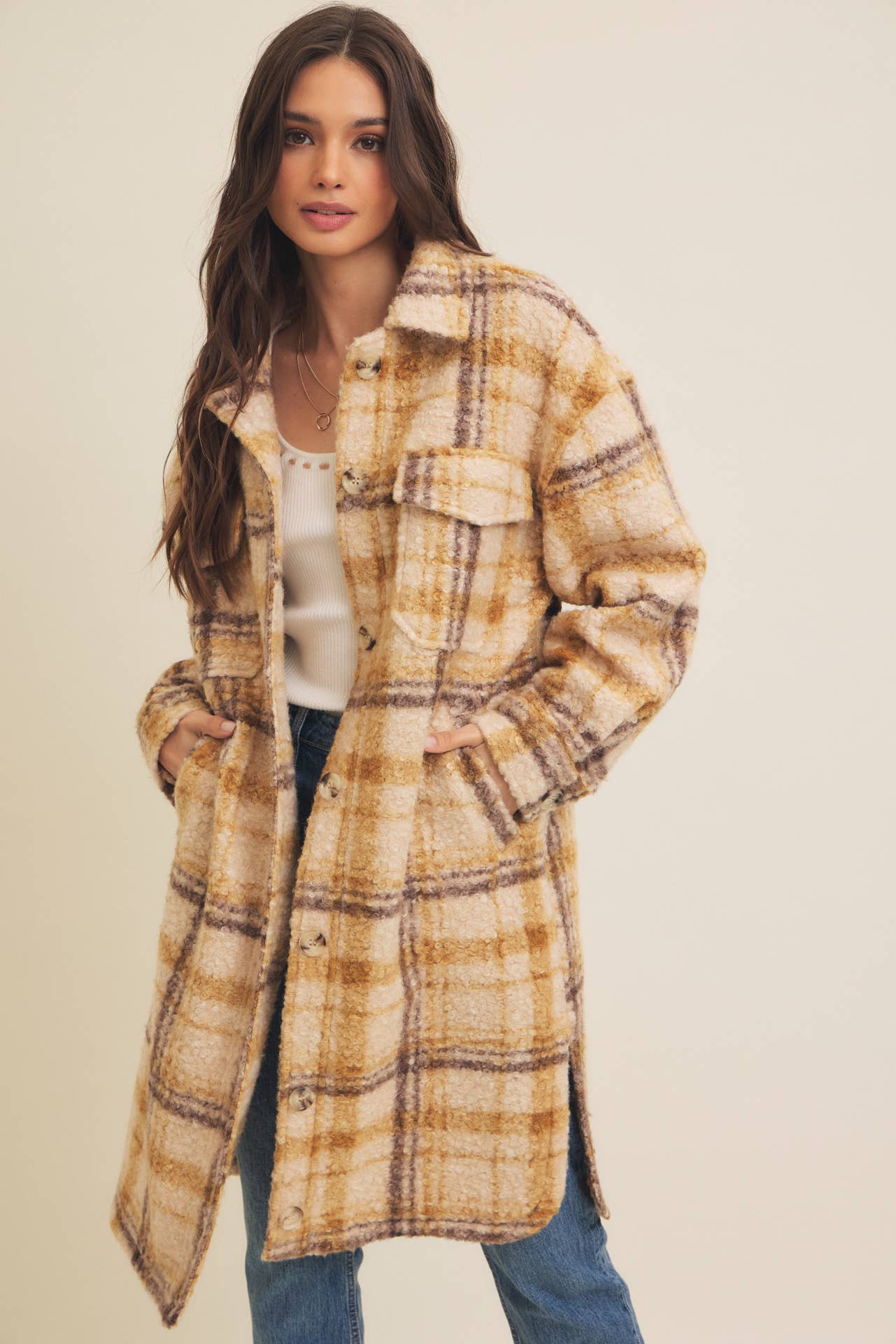 WESTERN PLAID BOUCLE OVERSIZED SHACKET WITH POCKETS