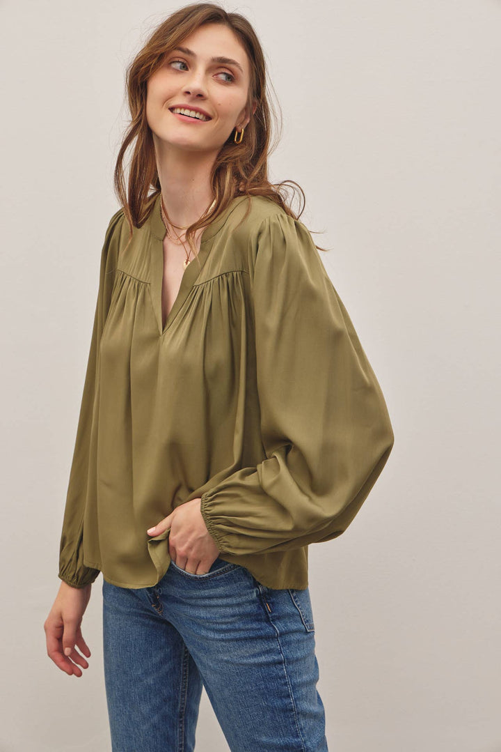 Split Neck Balloon Sleeve Blouse