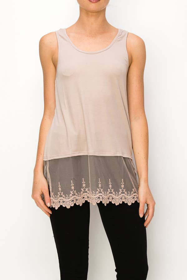 Soft Relaxed Tank With Delicate Floral Laced Hem - T08 TAUPE