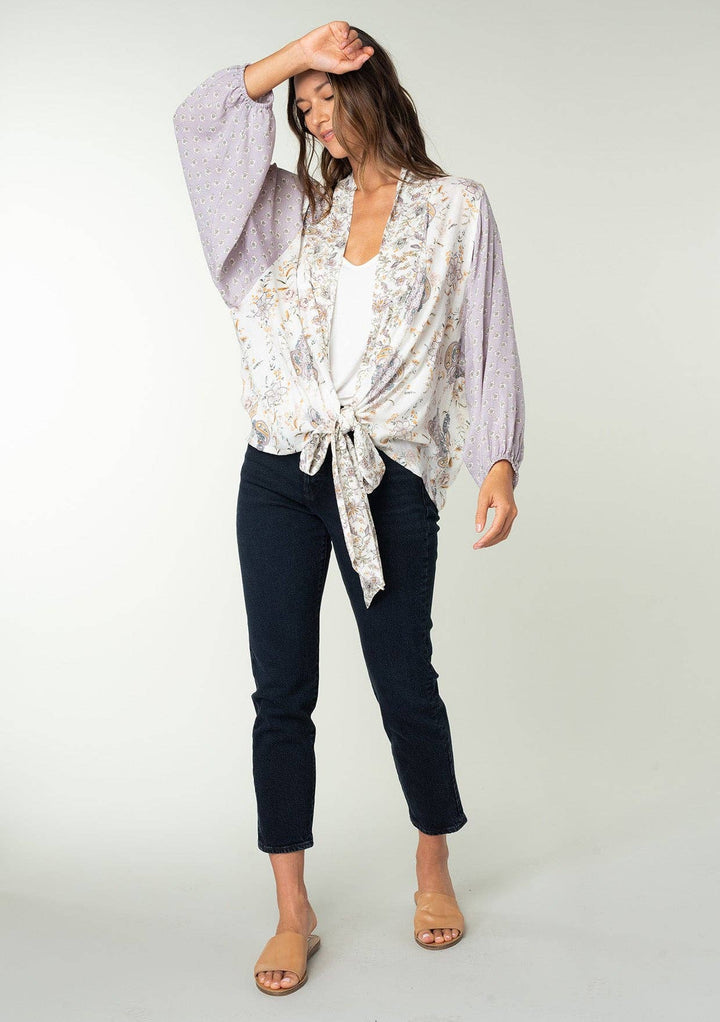 Floral Dolman Sleeve Tie Front Kimono Top