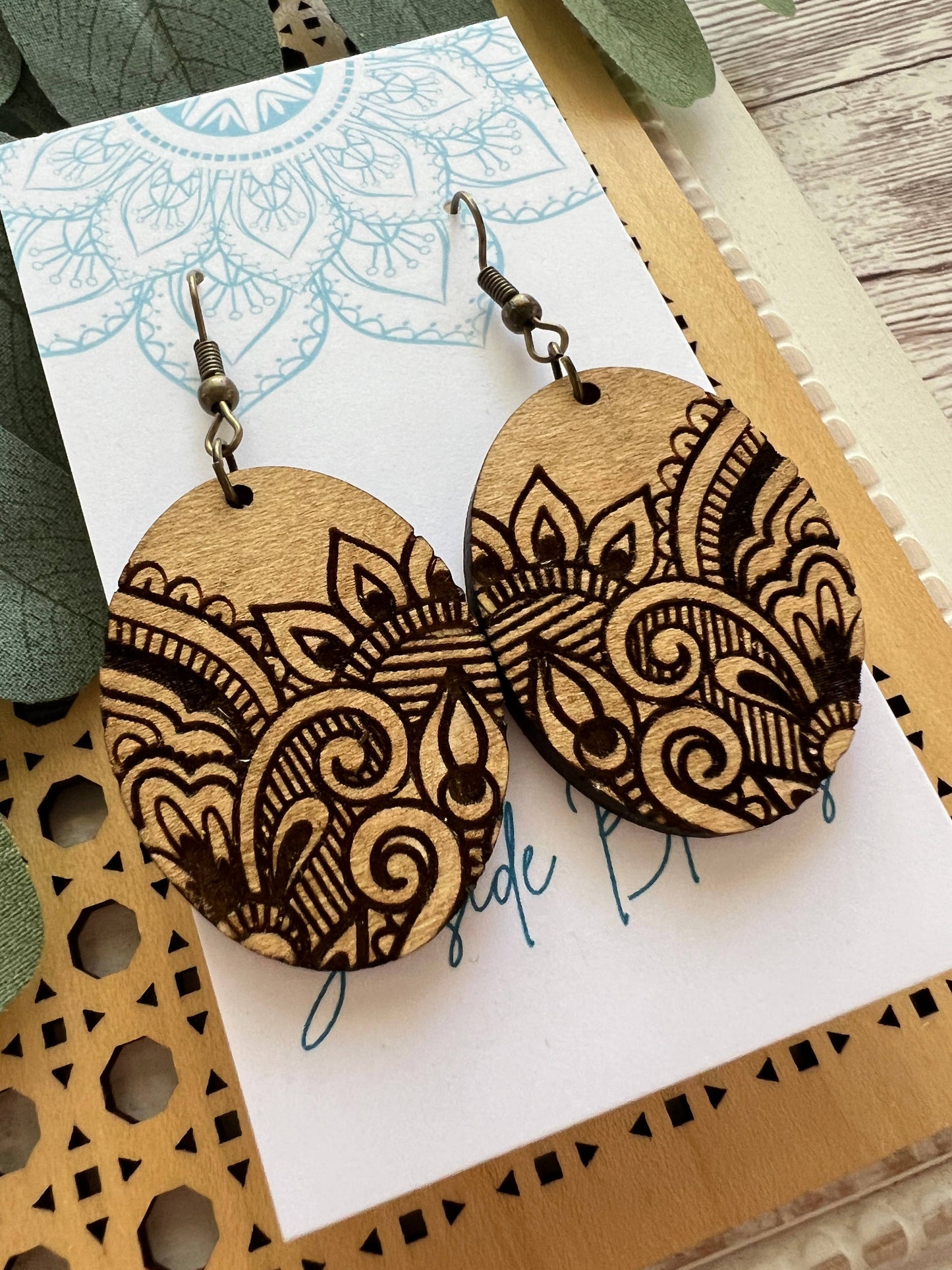 Wooden Earrings - Oval Scroll