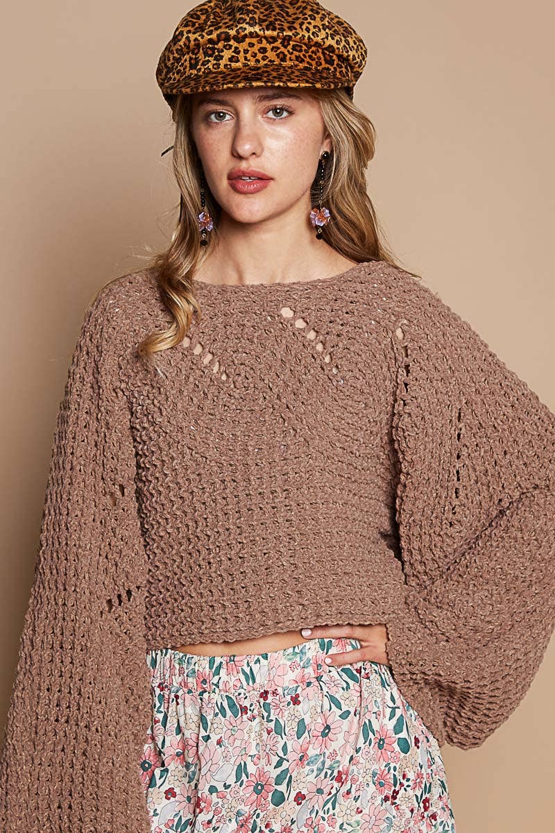 Round neck semi cropped chenille solid sweater SALE