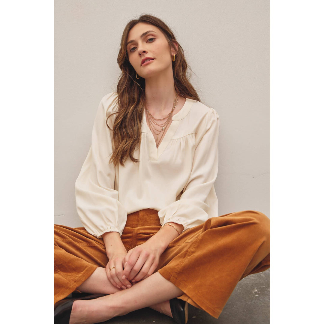 Split Neck Balloon Sleeve Blouse