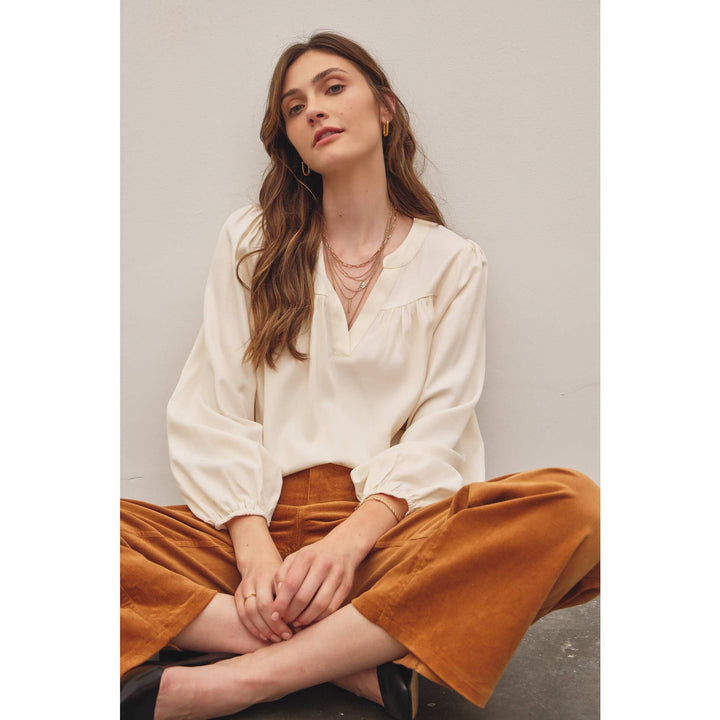 Split Neck Balloon Sleeve Blouse