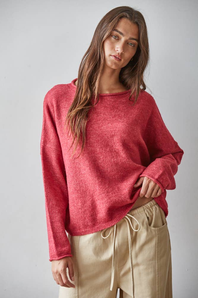 W2114 | Knit Sweater Rolled Round Neck Pullover Top