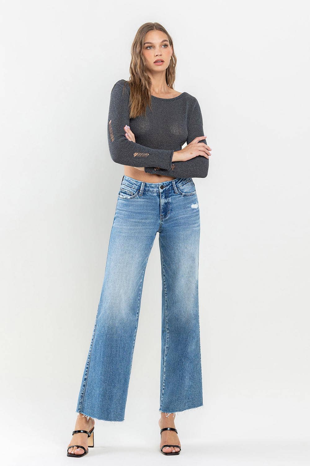 Olivia - Mid Rise Clean Cut Raw Hem Wide Jeans