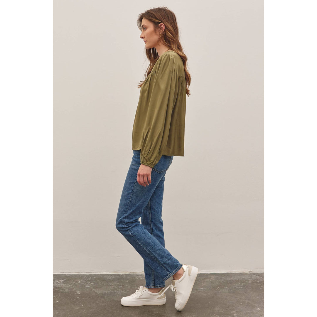 Split Neck Balloon Sleeve Blouse