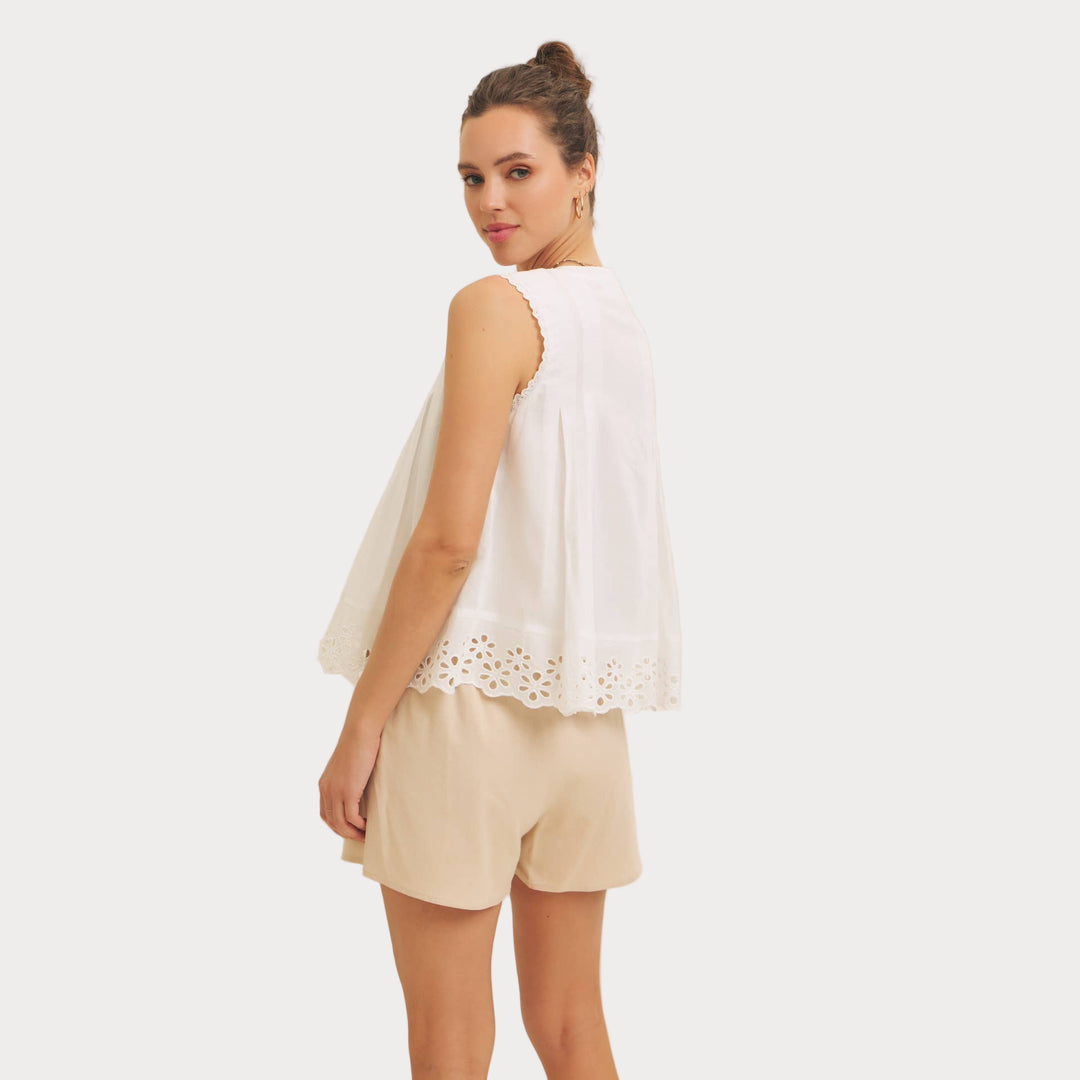 Eyelet Sleeveless Blouse | Button-Front Tank Top