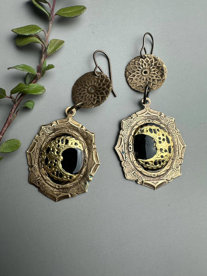 Ornate Crescent Moon Earrings with Black Resin