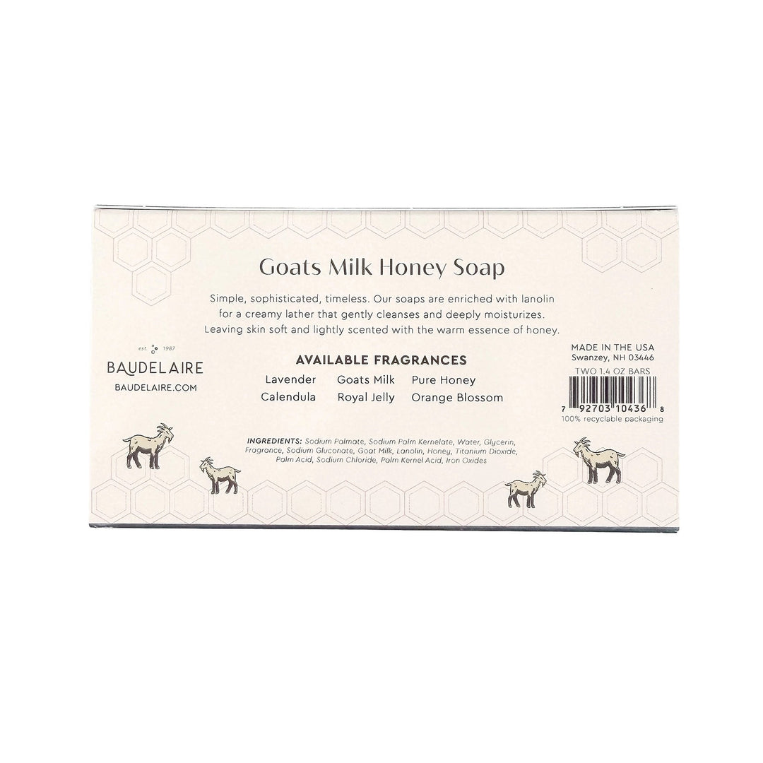 The back of a Baudefaire soap box for 'Goats Milk Honey Soap', showing product details, ingredients, a barcode, and illustrations of goats on a cream-colored background with a faint honeycomb pattern.
