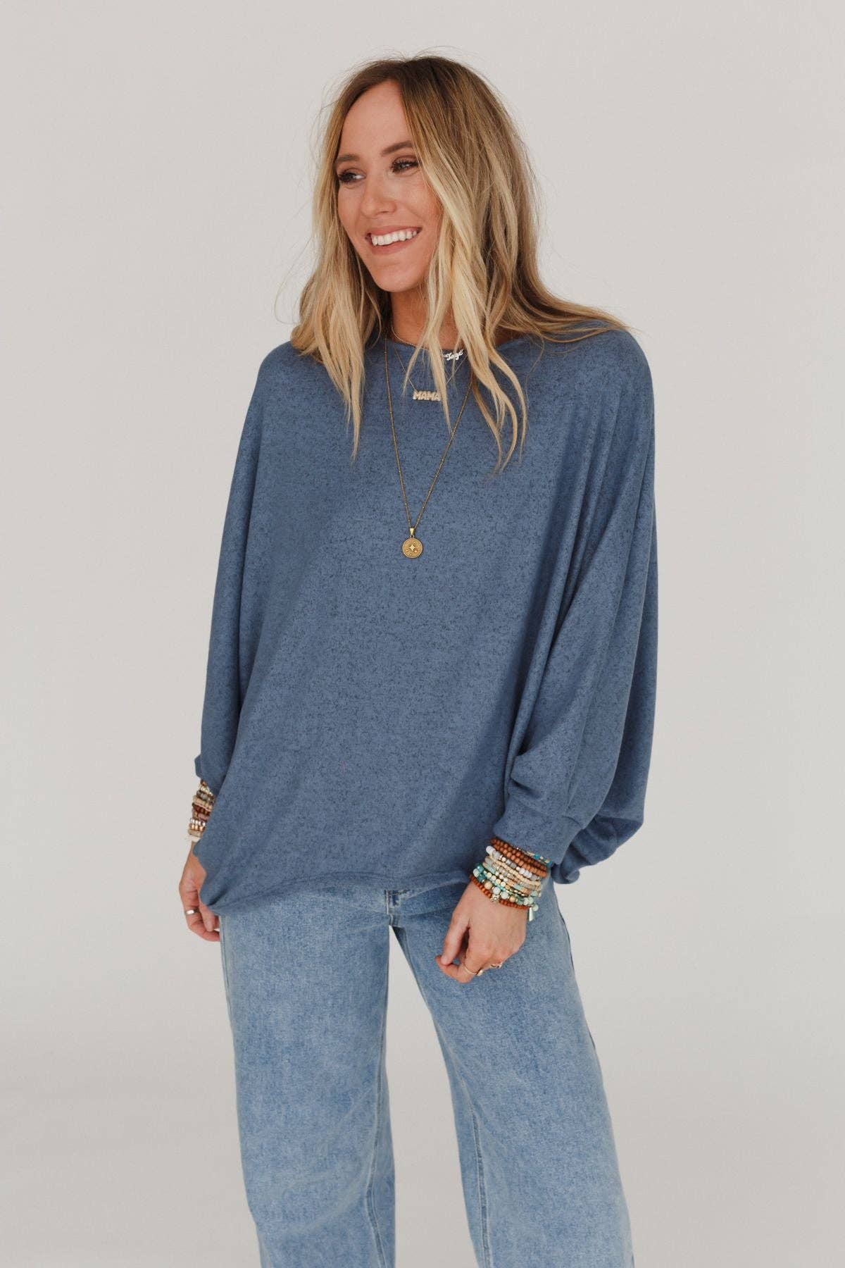 Fly With Me Batwing Sleeve Knit Sweater - Dusty Blue