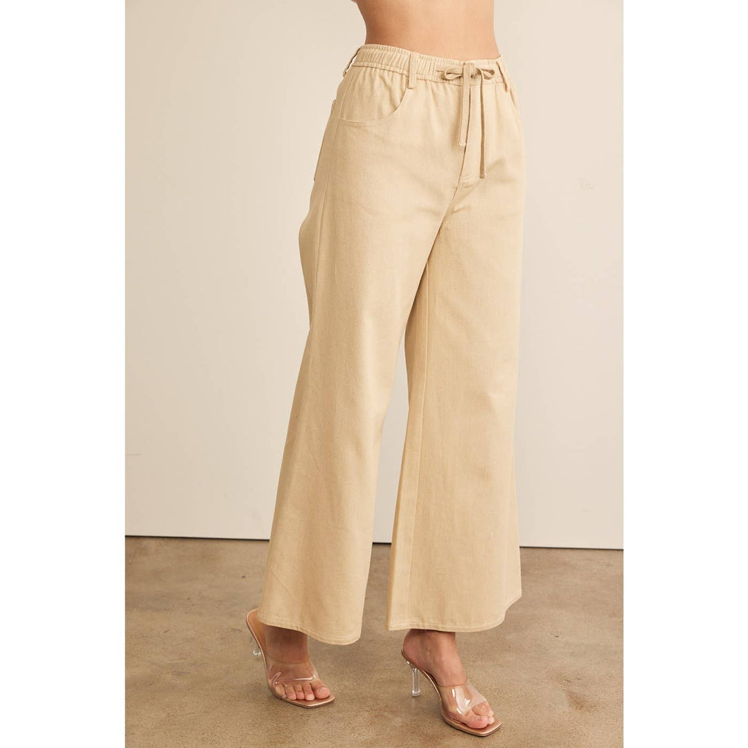 Tan Wide Leg Crop Pants | High-Waisted Drawstring Pants