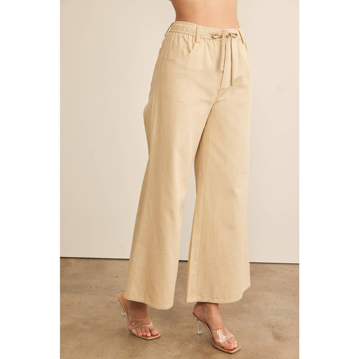 Tan Wide Leg Crop Pants | High-Waisted Drawstring Pants