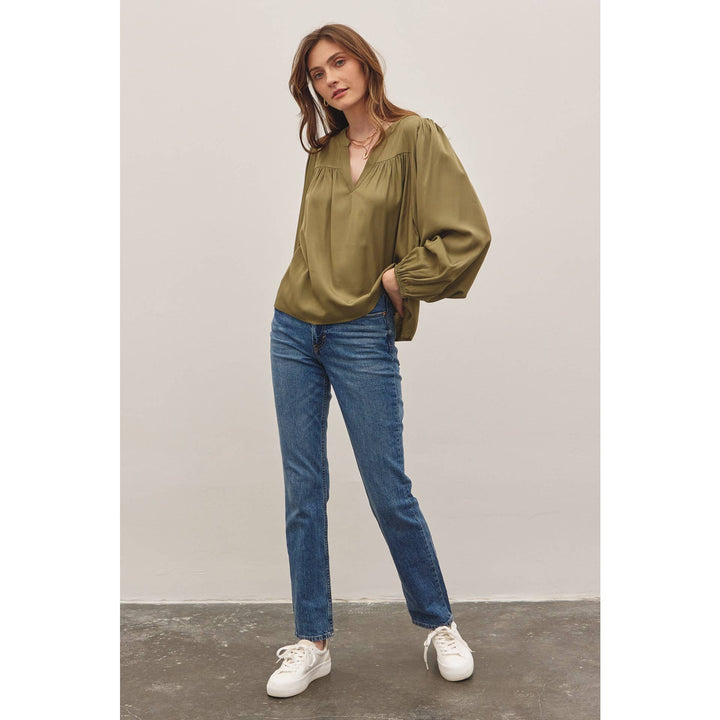 Split Neck Balloon Sleeve Blouse