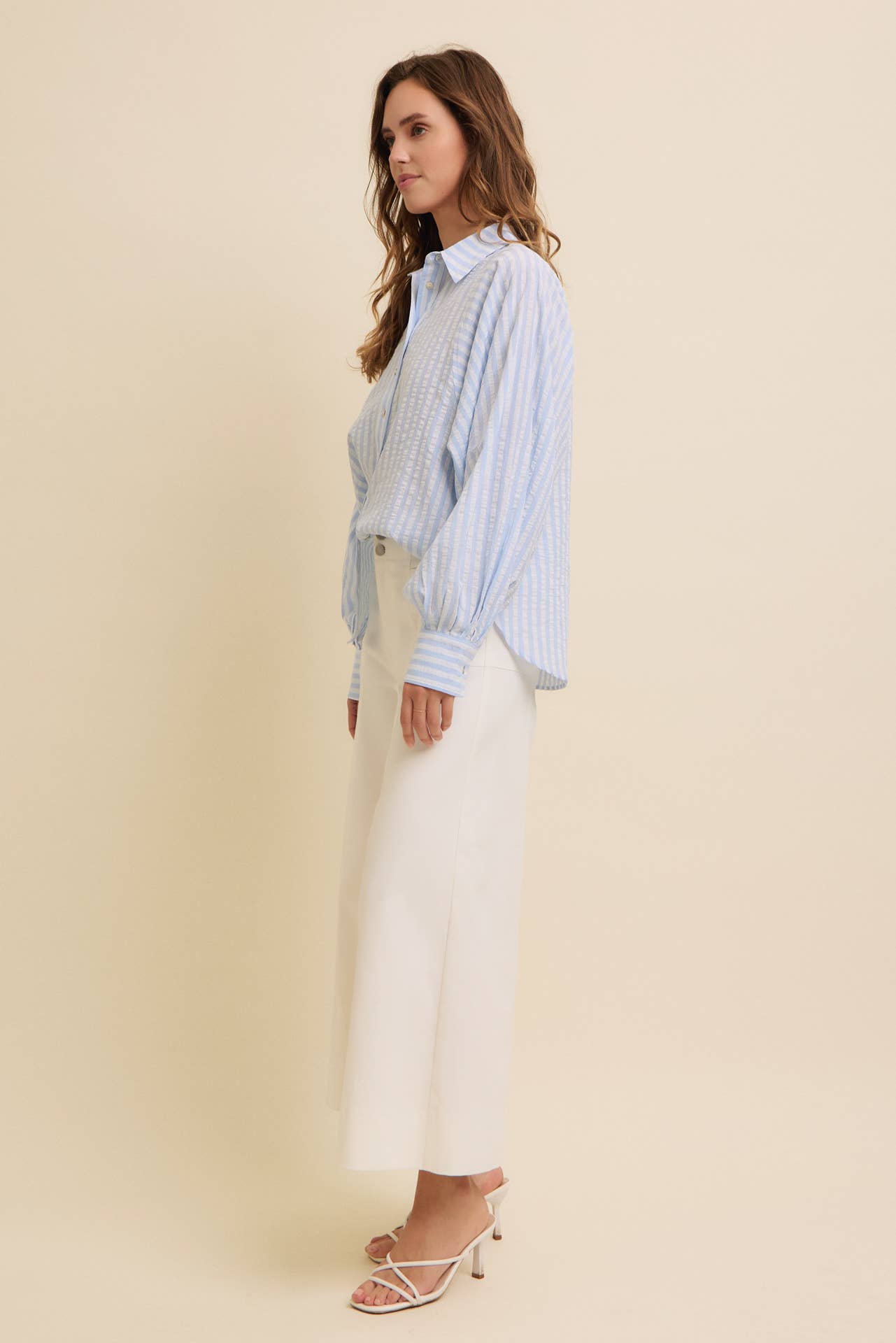 VOLUMINOUS SLEEVED BUTTON-DOWN COTTON STRIPE SHIRT