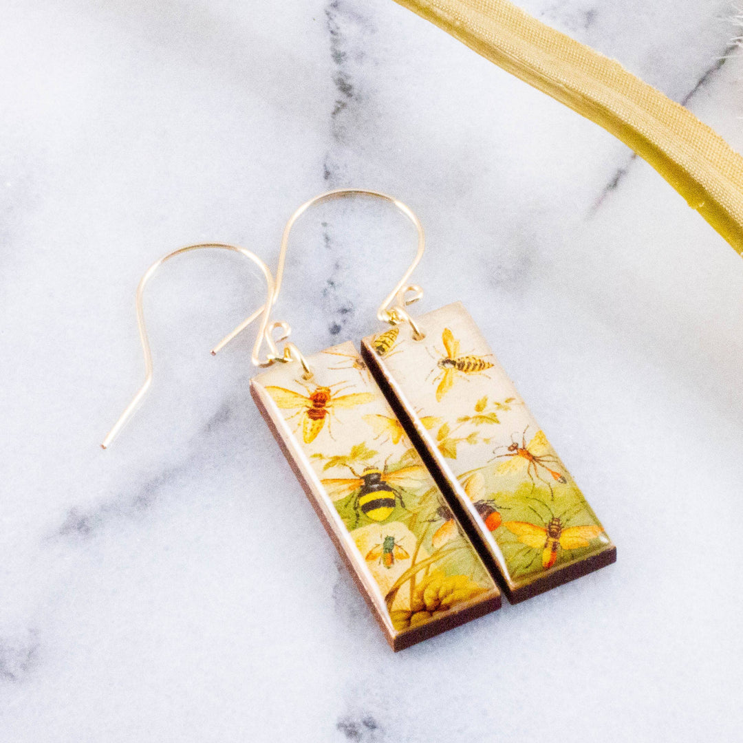 Vintage Golden Bees rectangle wooden earrings with botanical bee illustrations and gold-filled ear wires