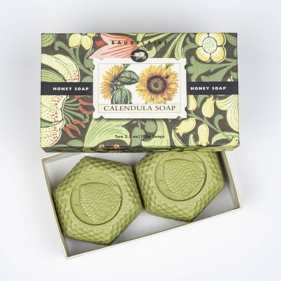 calendula honey soap gift box with two green hexagon bars and floral packaging