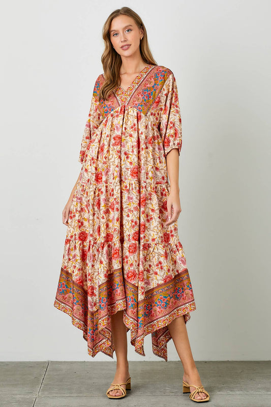 BORDER PRINT TIERED HANKY HEM MAXI DRESS