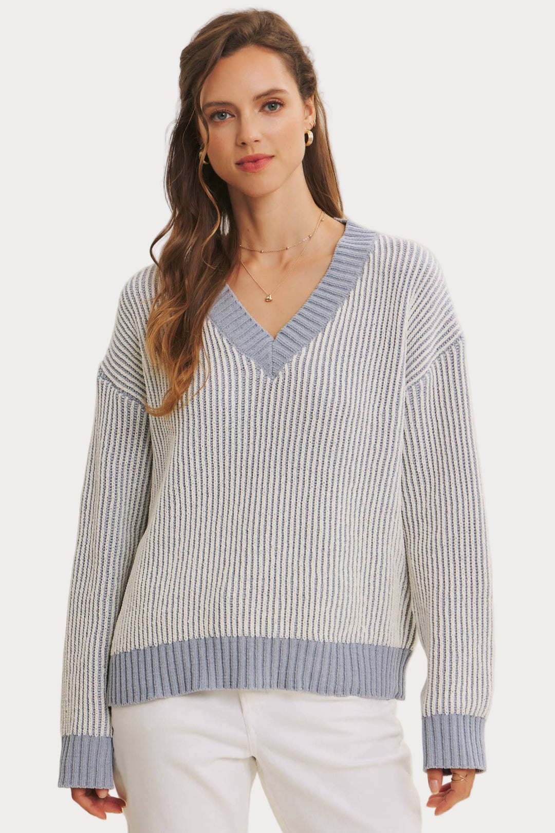Two-Tone Chenille V-Neck Sweater | Ribbed Knit Top