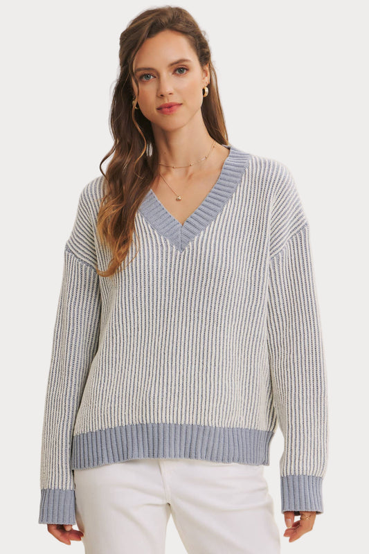 Two-Tone Chenille V-Neck Sweater | Ribbed Knit Top