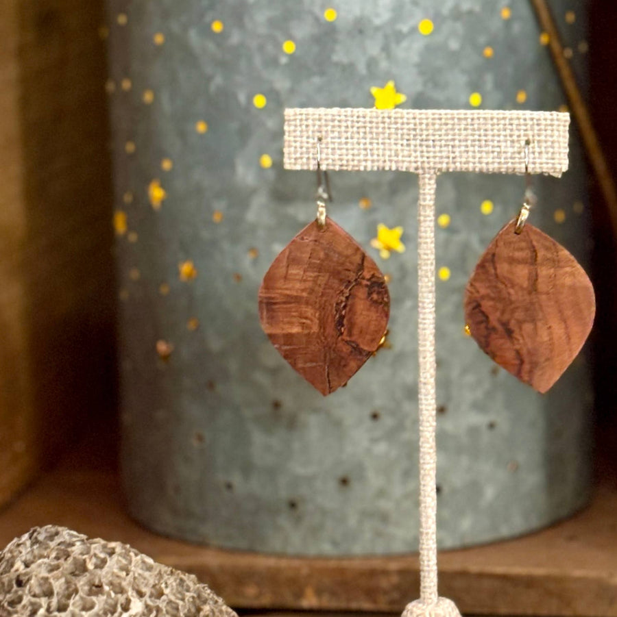 Handcrafted Woodland Earrings featuring natural wood grain in a lightweight marquise shape with hypoallergenic stainless-steel hooks.