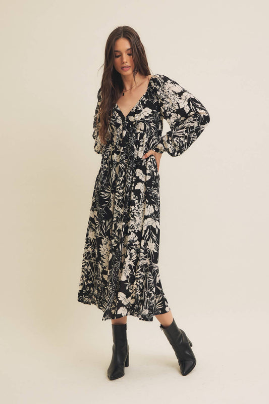 FLORAL BOTANICAL PRINT RAYON MIDI DRESS