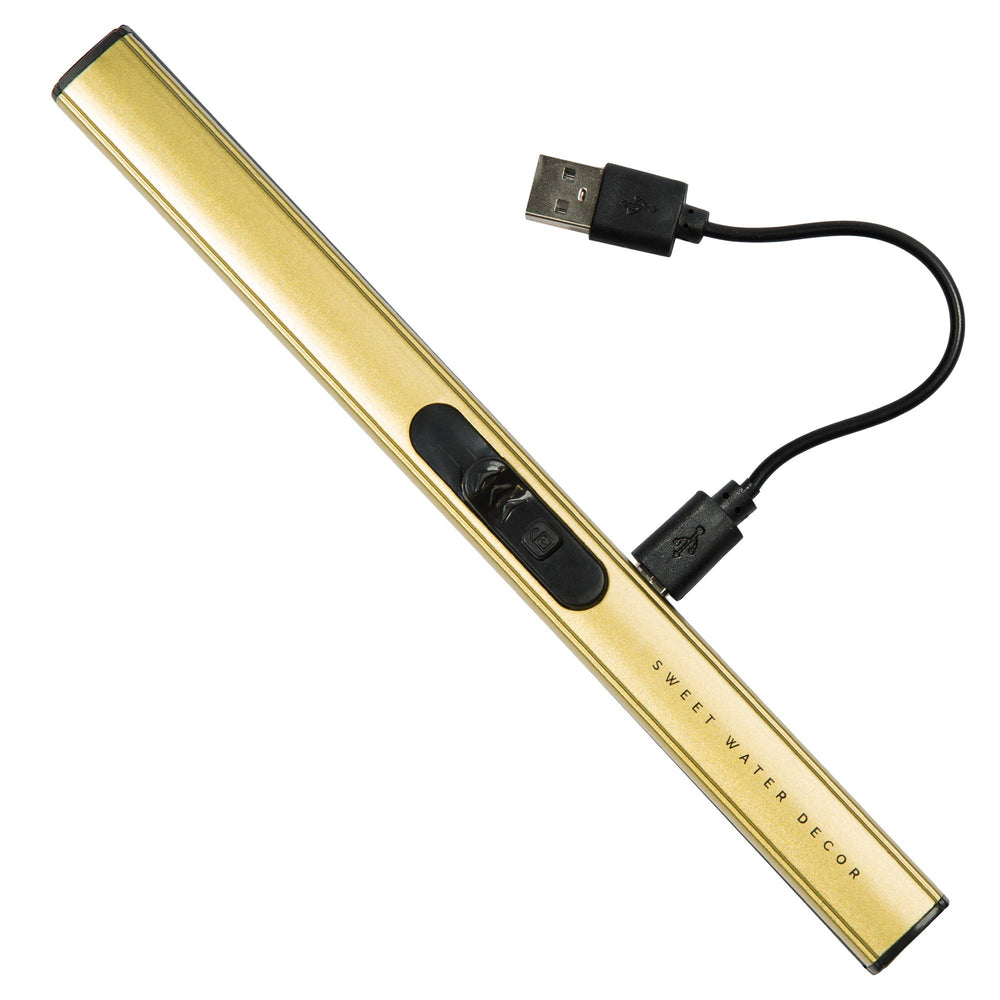 Gold USB rechargable lighter with a cable on a white background