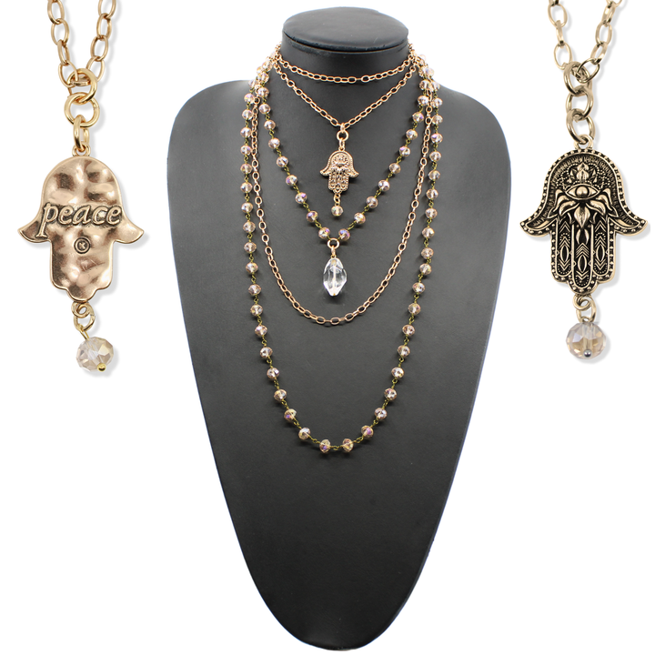 Peace Hamsa Crystal Rosary Necklace Layering Set