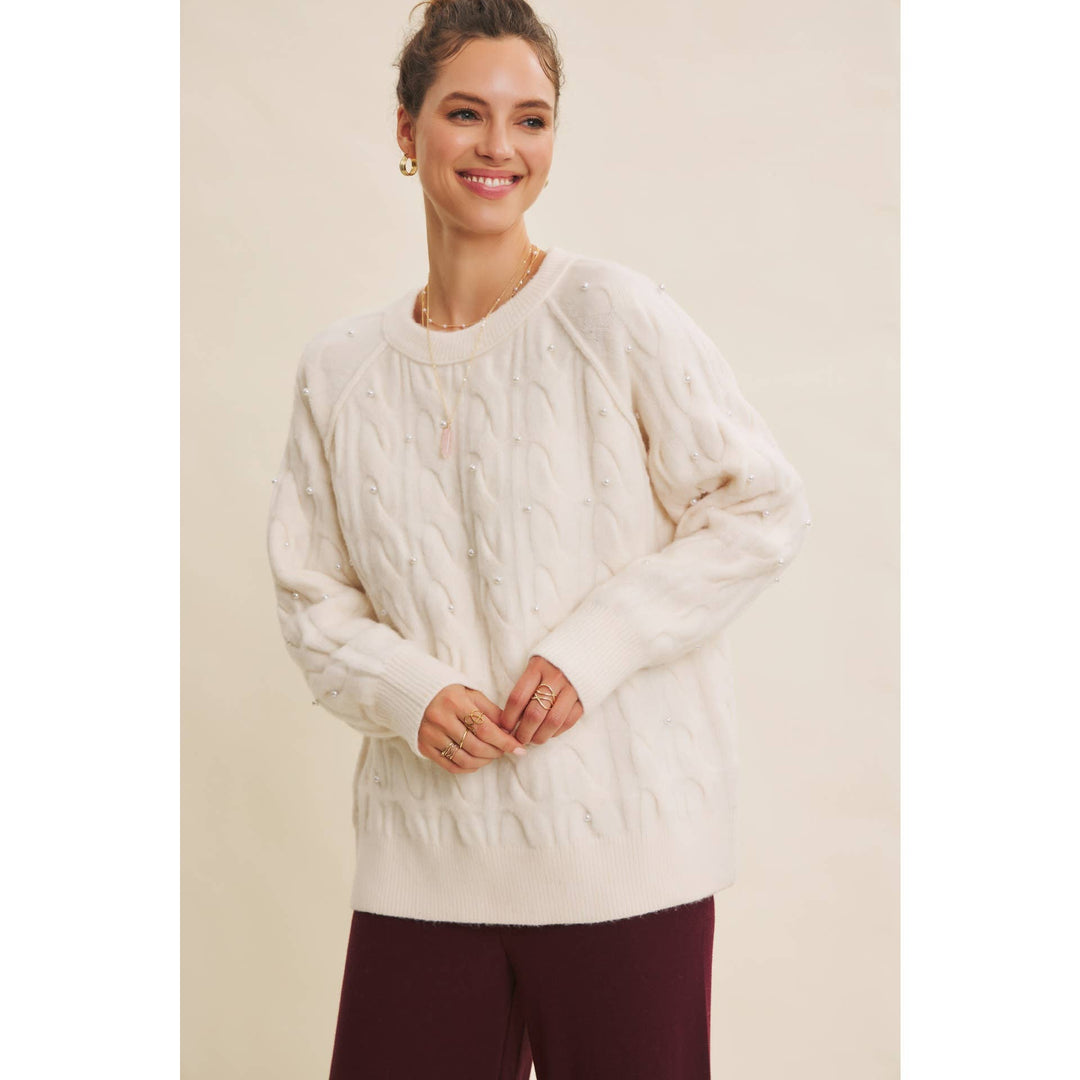 Pearl Embellished Wool Cable Knit Tunic – Conscious Glamour