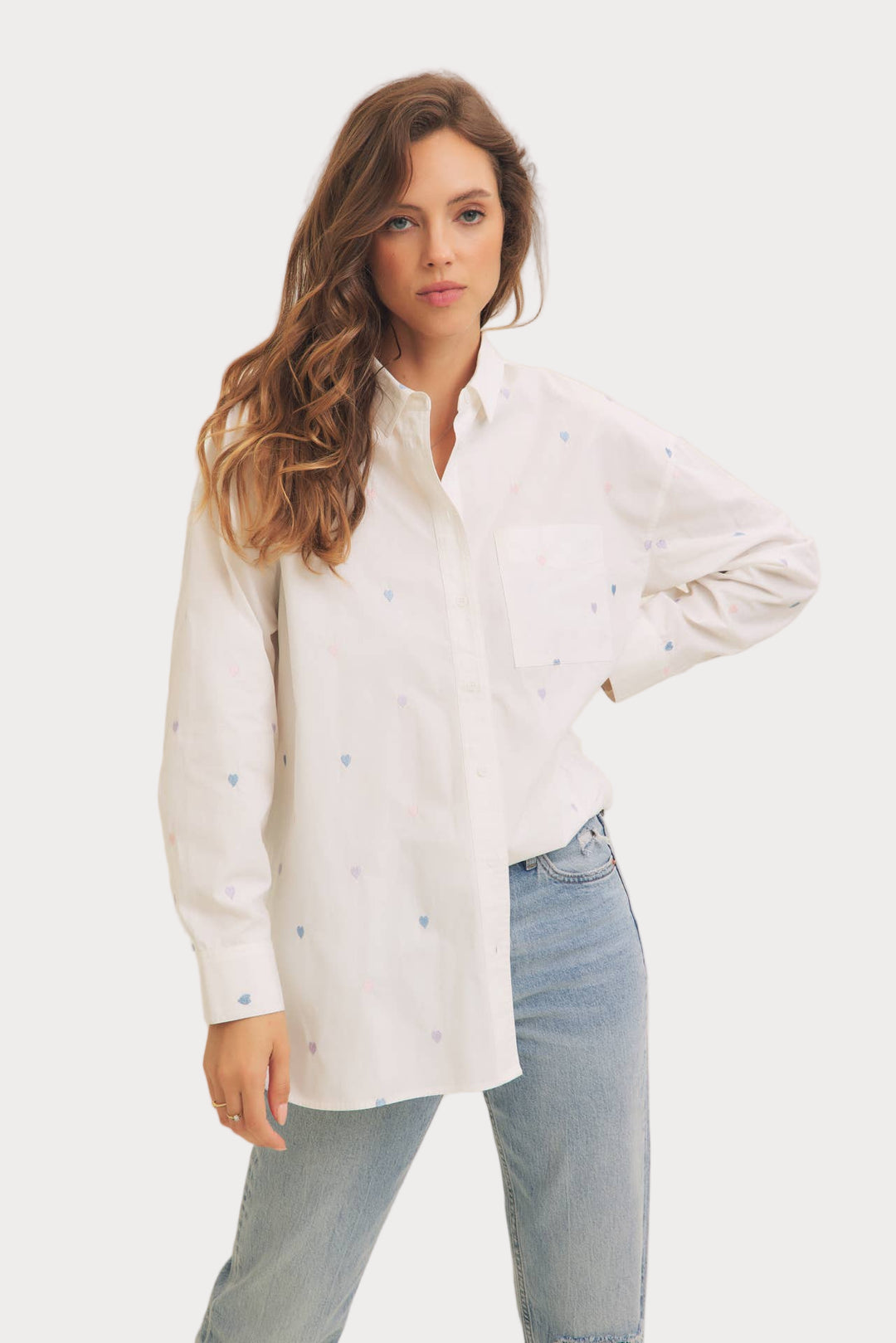 Heart Embroidered Button-Down Shirt | White with Pastel Details