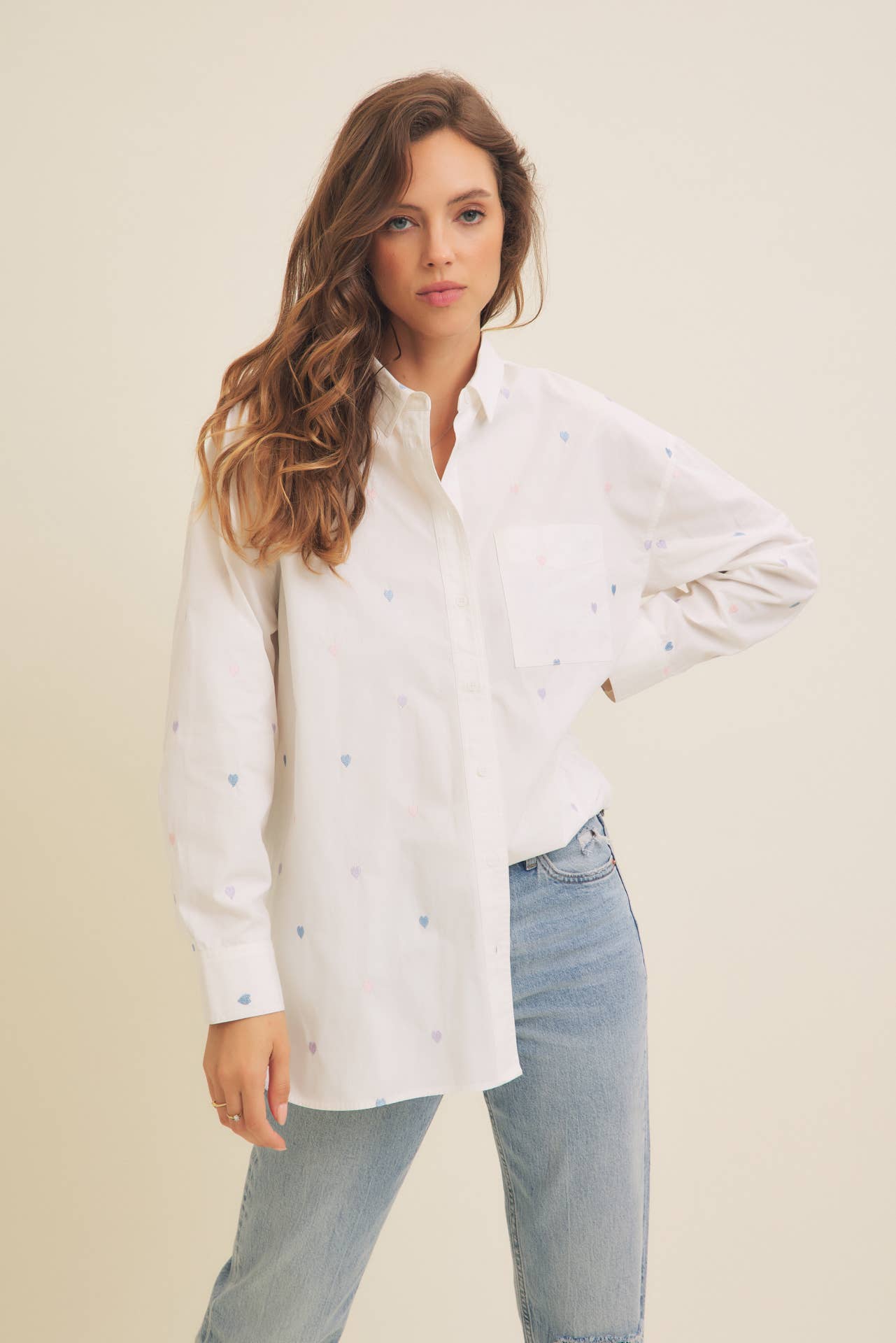 FULL OF HEARTS EMBROIDERY BUTTON DOWN LONG-SLEEVED SHIRT