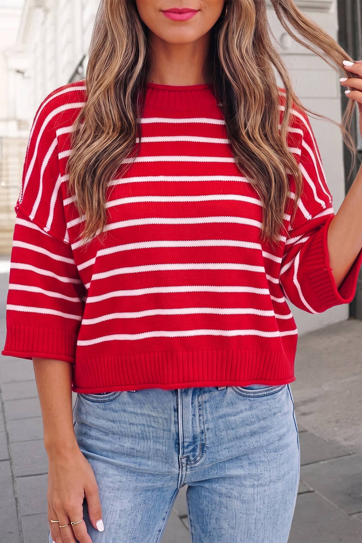Striped Crewneck Half Sleeve Relaxed Knit Sweater | S-XL