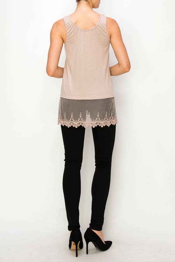 Soft Relaxed Tank With Delicate Floral Laced Hem - T08 TAUPE
