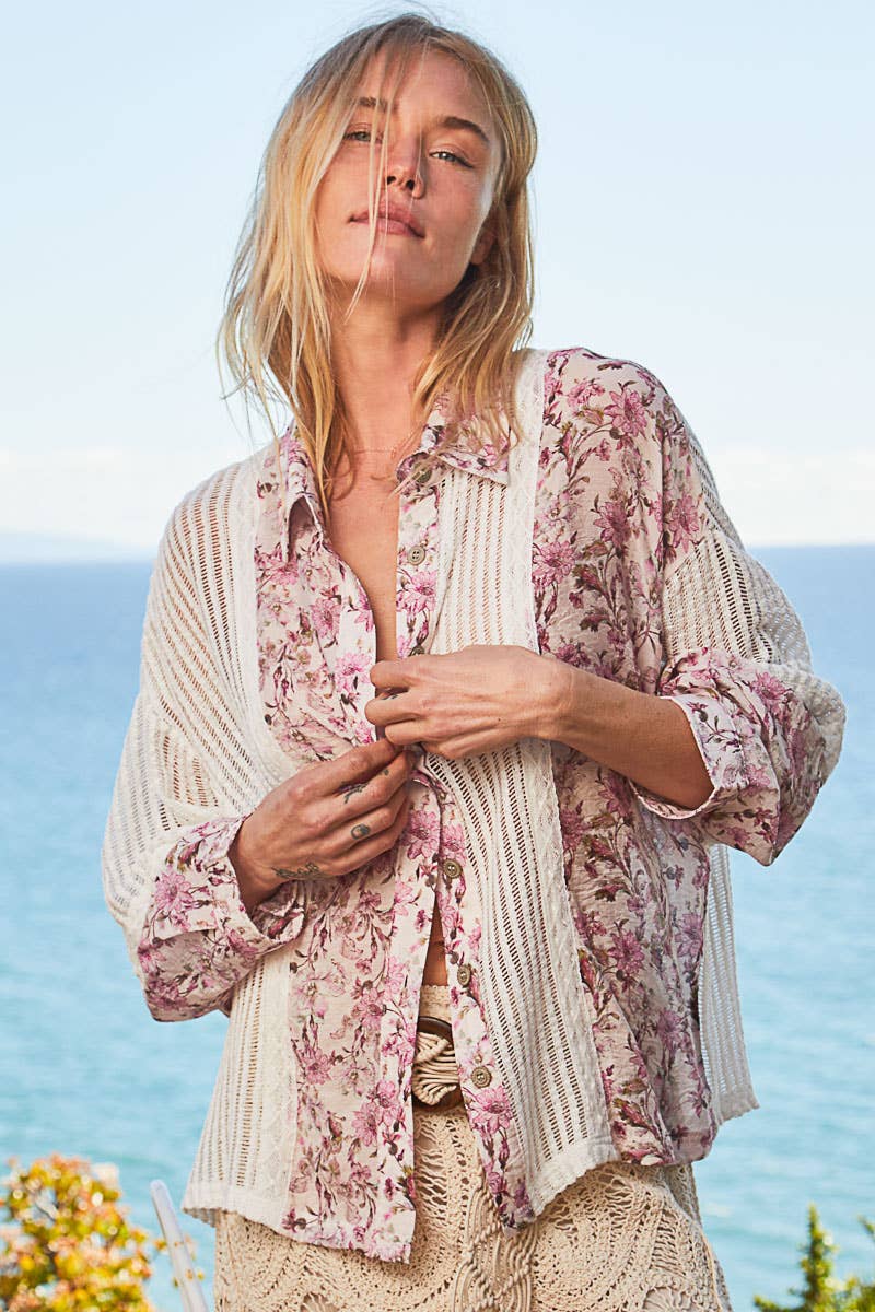 Vintage Olive Floral Button-Up Top with Cream Mesh Panel Accents