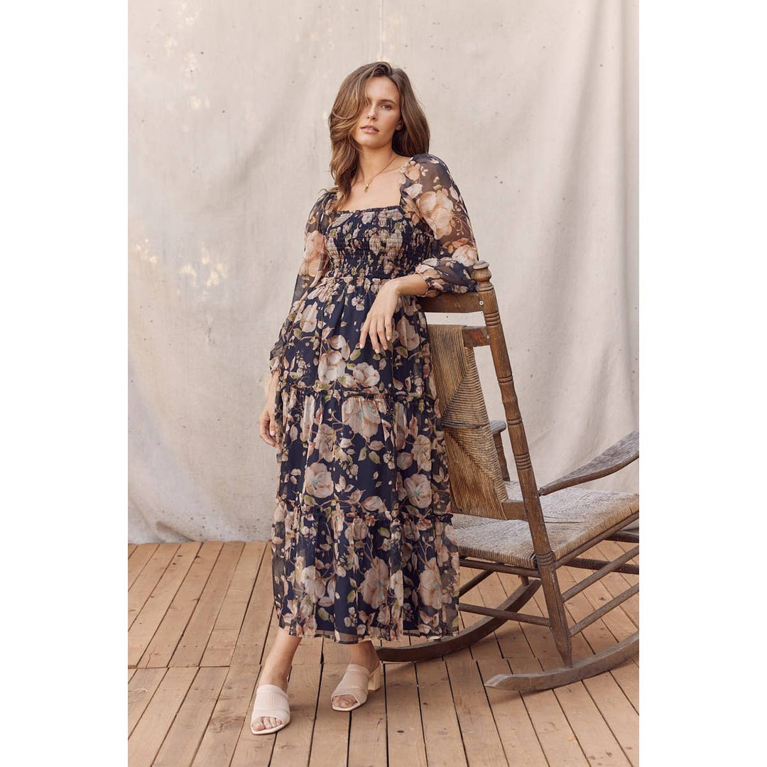 Floral Square Neck Dress w/ Balloon Sleeve