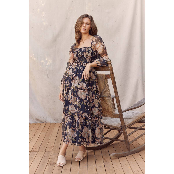 Floral Square Neck Dress w/ Balloon Sleeve