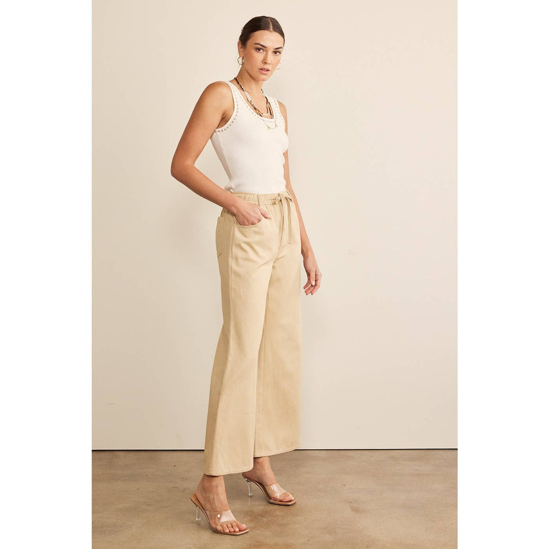 Tan Wide Leg Crop Pants | High-Waisted Drawstring Pants