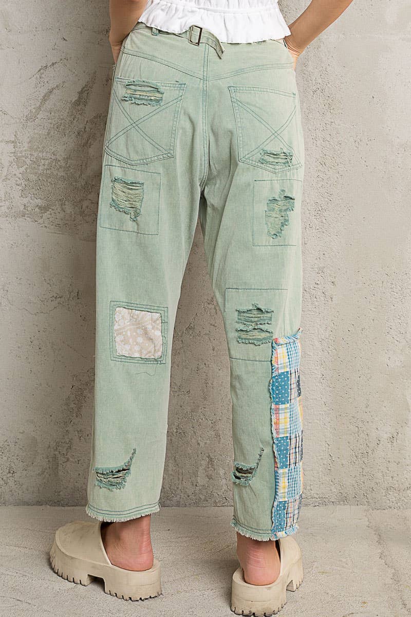 Patch work detail ankle length denim pants